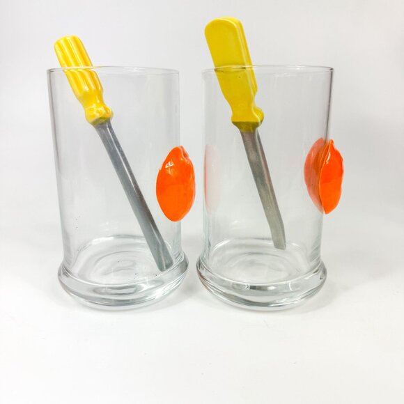 Screwdriver Cocktail Glasses Tumblers Set With Yellow Ceramic Stirrers & Orange - Picture 2 of 5